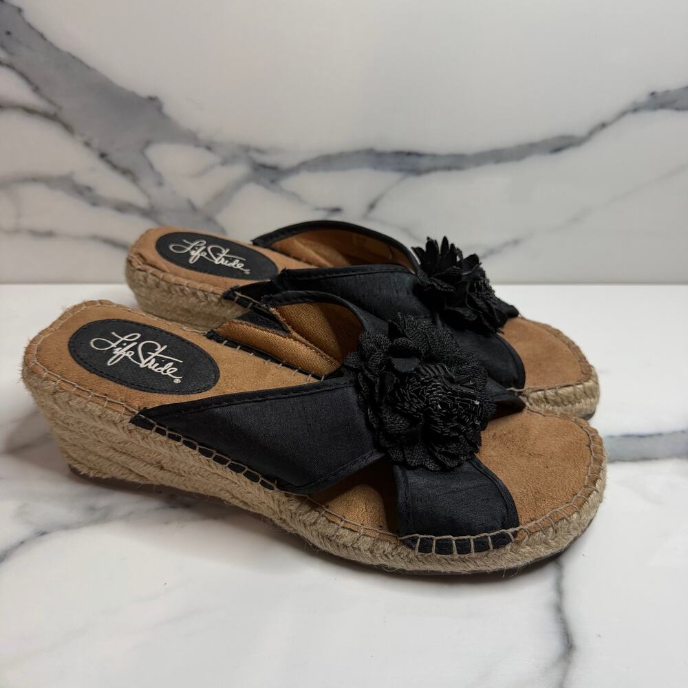 LifeStride Wmns Black Flower Detail Espadrille Wedge Reef Sandals Sz 9.5 Casual